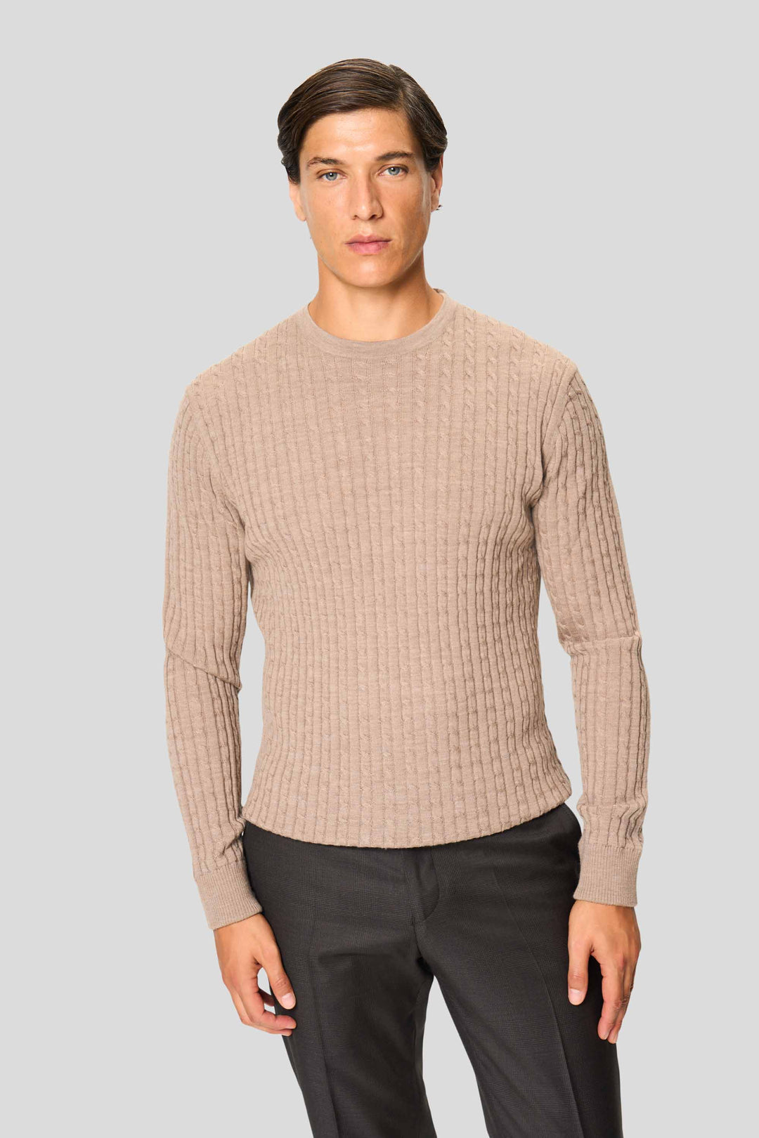 Sand merino crew neck kabel