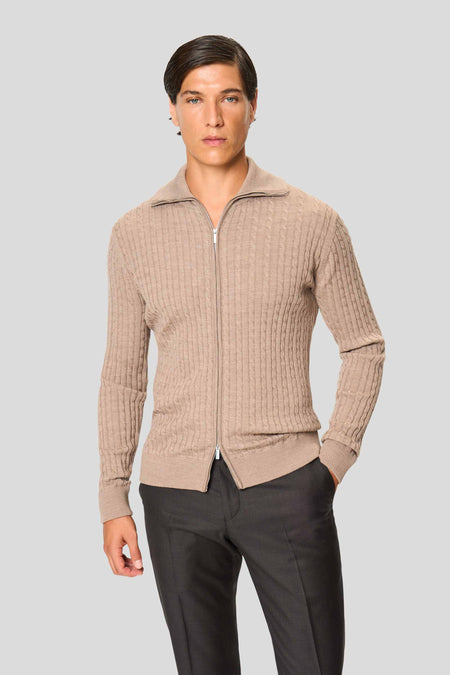 Sand merino kabel cardigan med lynlås