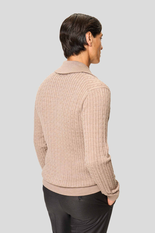 Sand merino kabel cardigan med lynlås