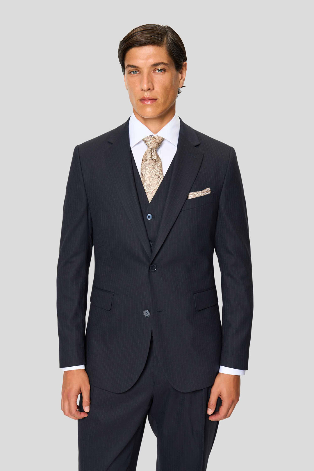PREMIUM navy three-piece jakkesæt med nålestriber