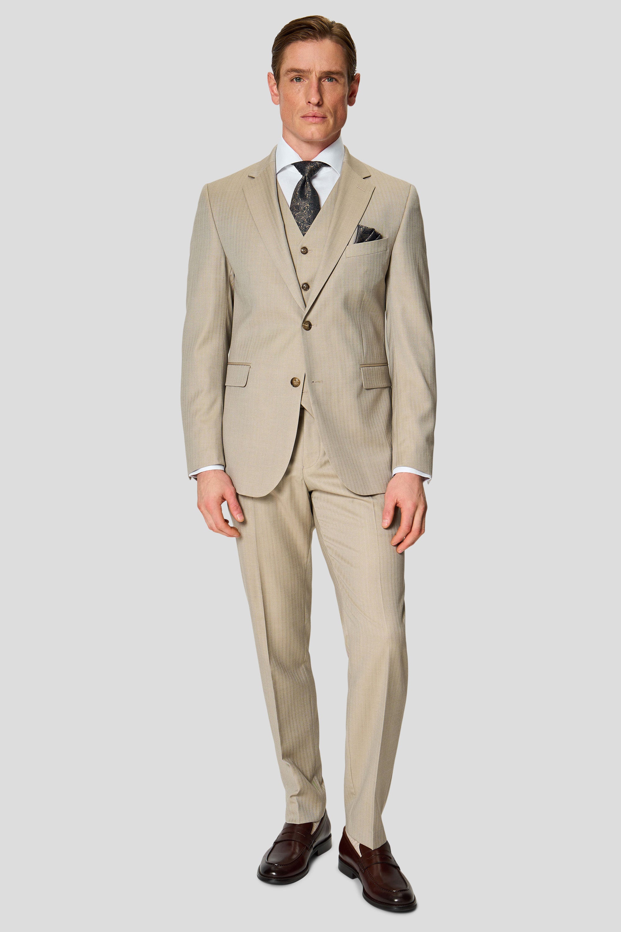 HERITAGE beige three-piece jakkesæt med sildeben MBO