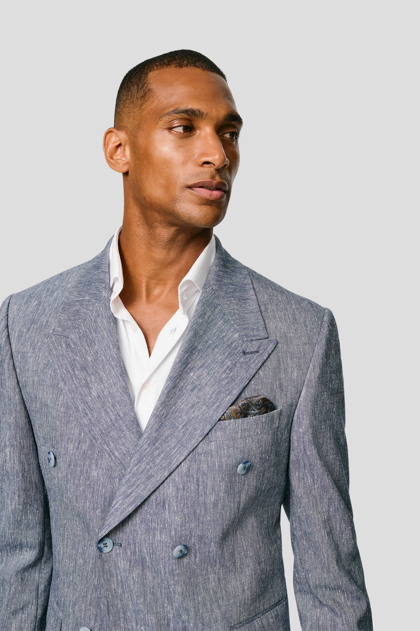 PRESTIGE blåt dobbeltradet hørjakkesæt PRESTIGE