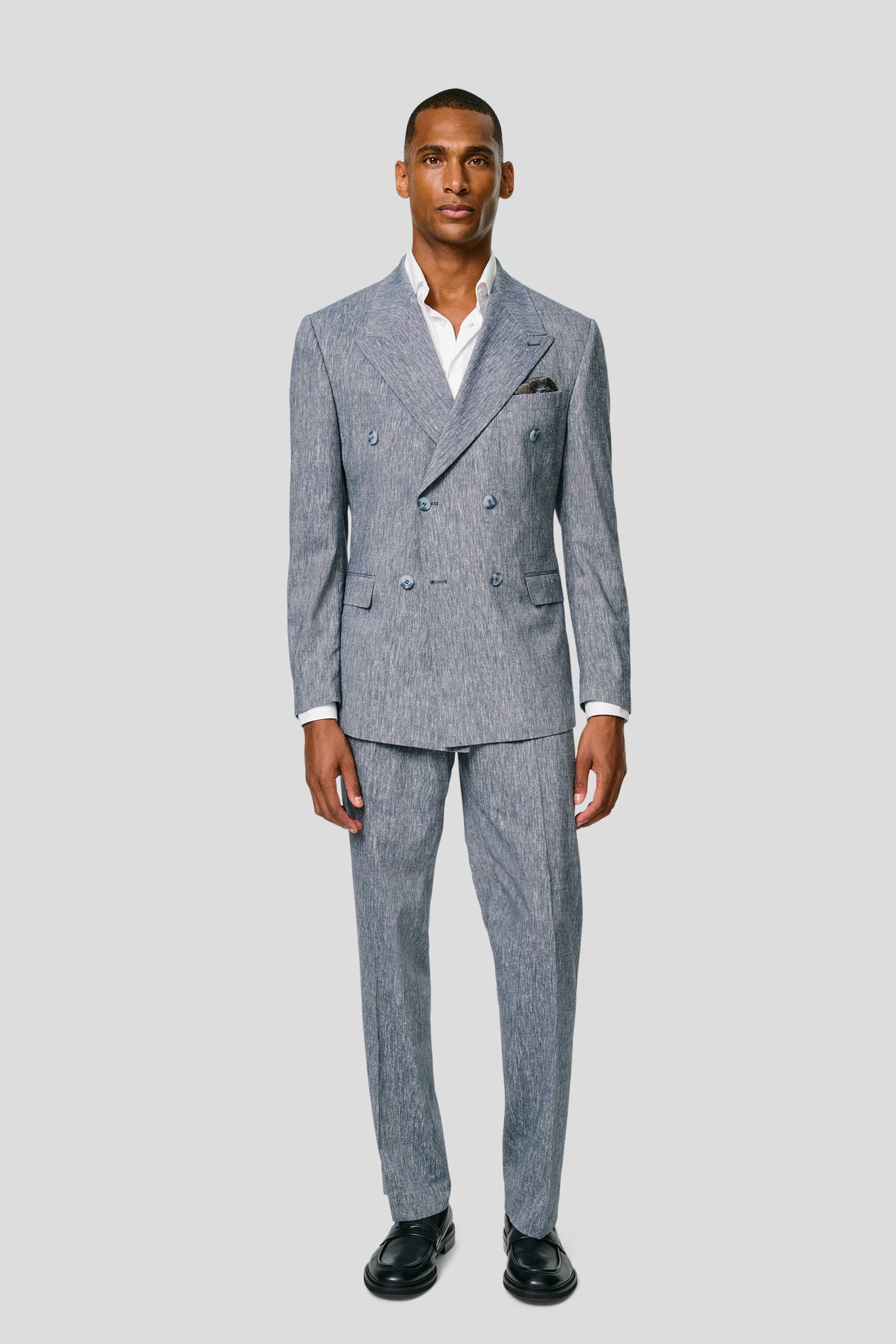 PRESTIGE blåt dobbeltradet hørjakkesæt PRESTIGE