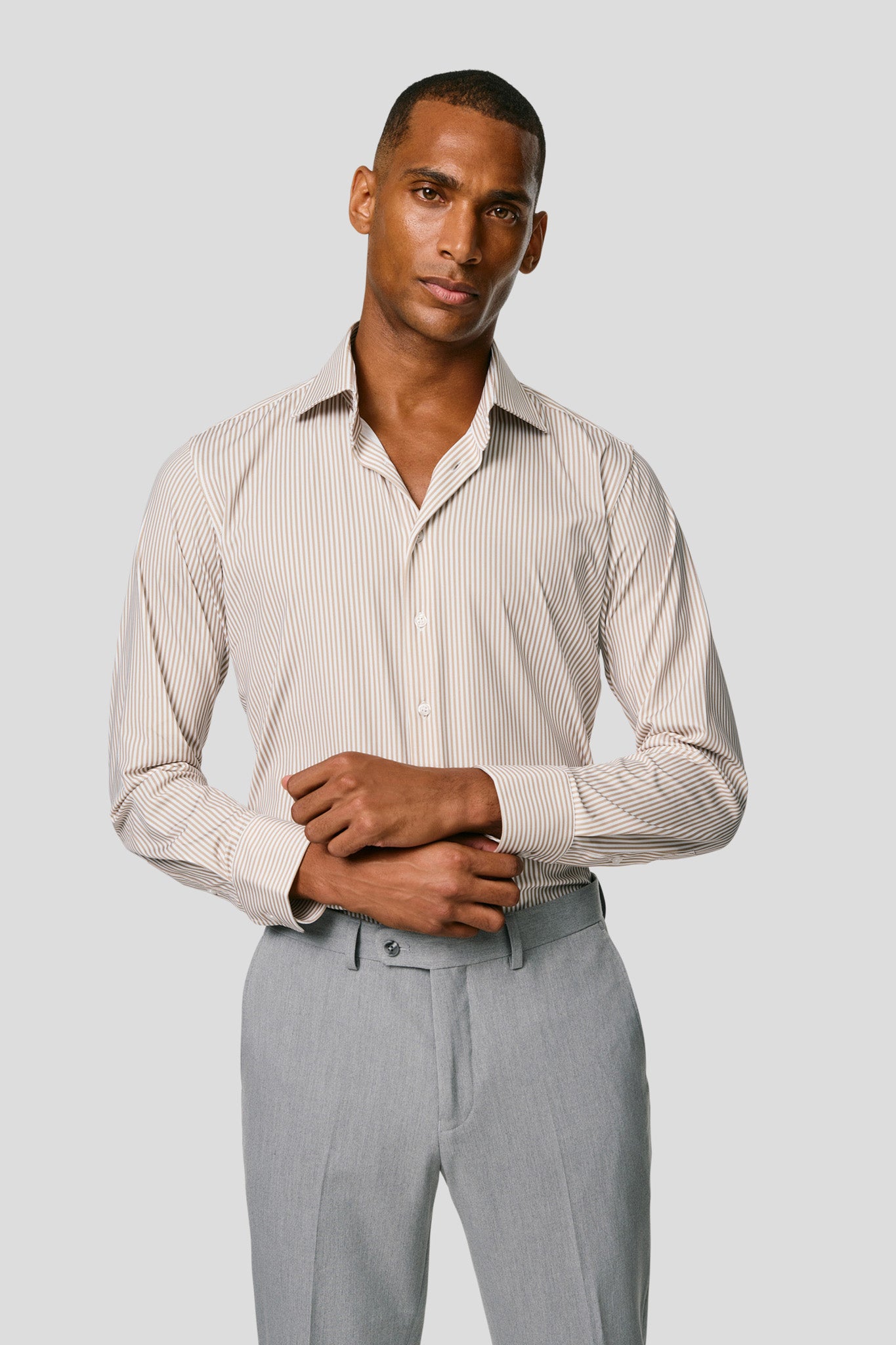 Signatur performance skjorte beige stribet slim Shirtmakers
