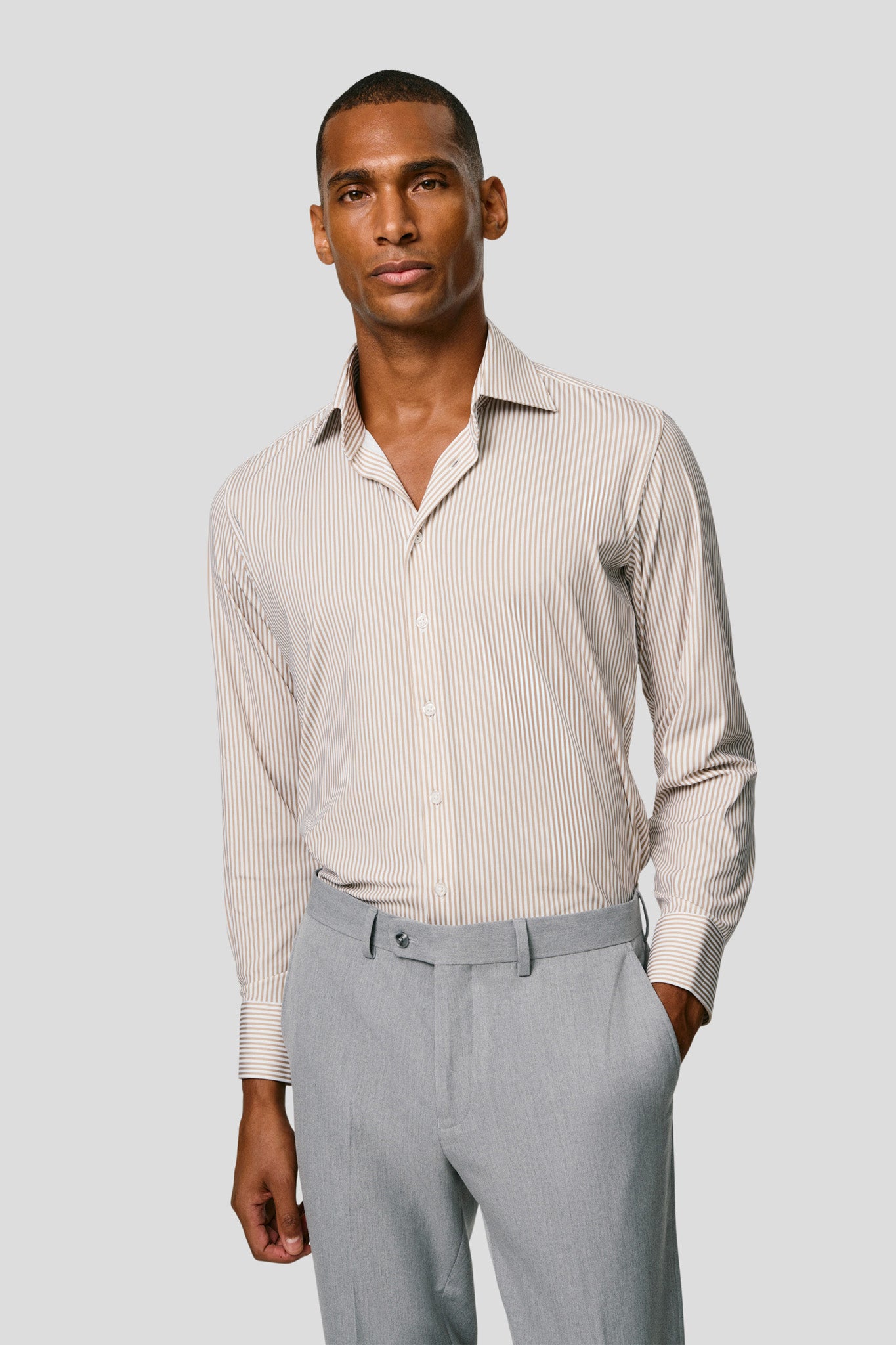 Signatur performance skjorte beige stribet slim Shirtmakers