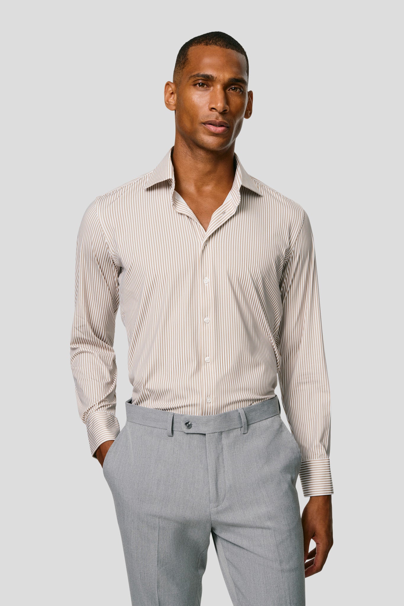 Signatur performance skjorte beige stribet slim Shirtmakers
