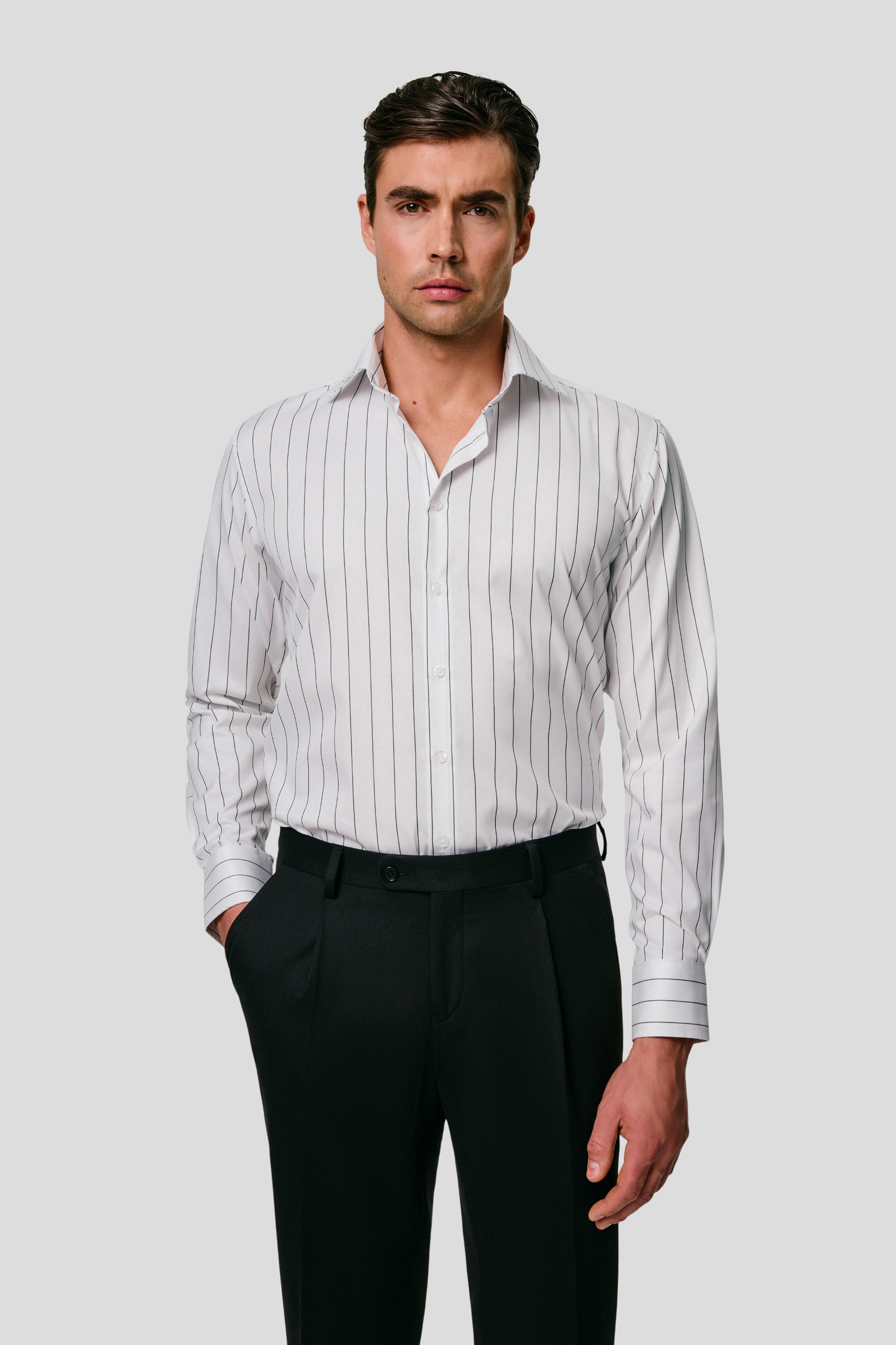 Signatur poplin skjorte hvid slim med sorte striber Shirtmakers