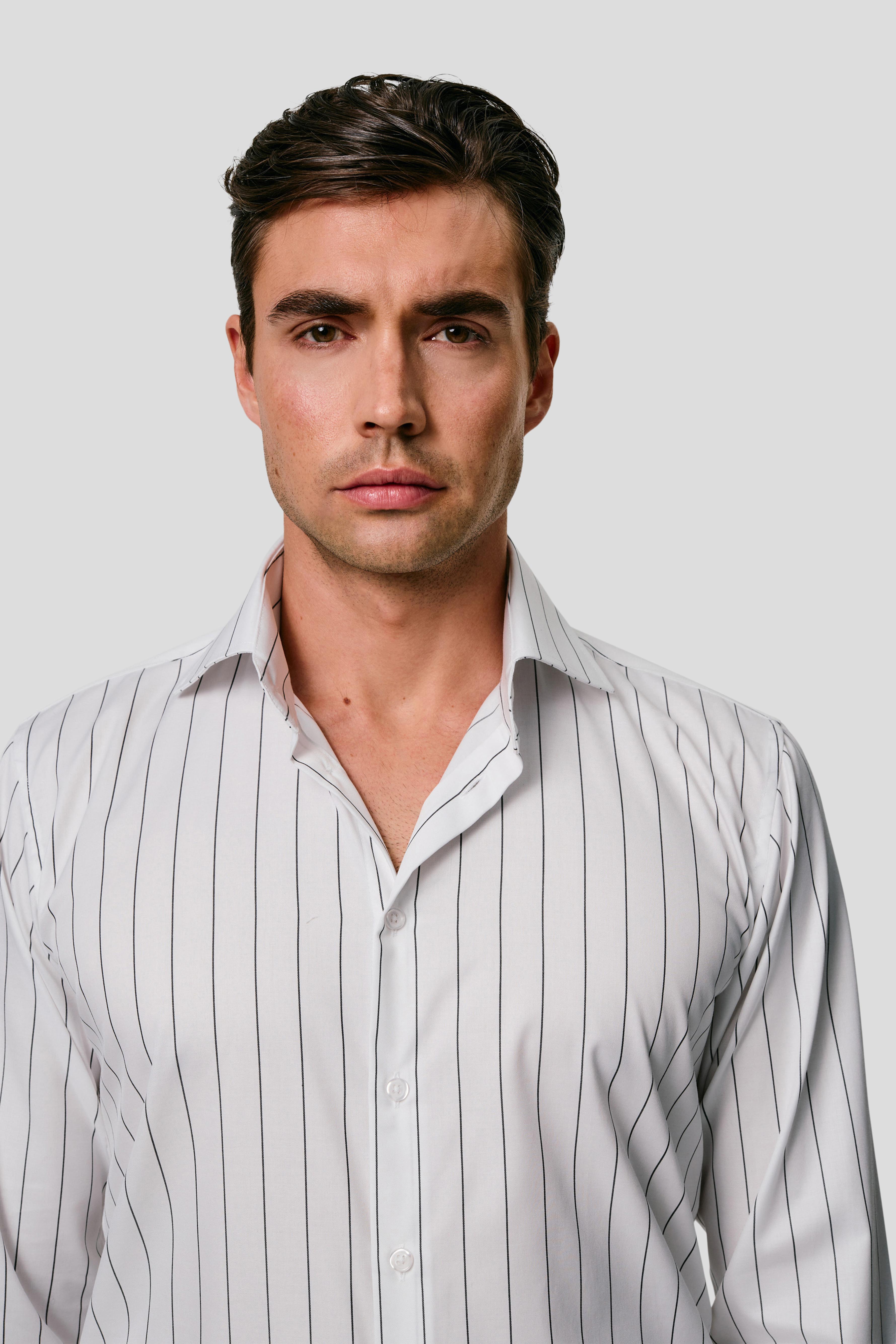 Signatur poplin skjorte hvid slim med sorte striber Shirtmakers