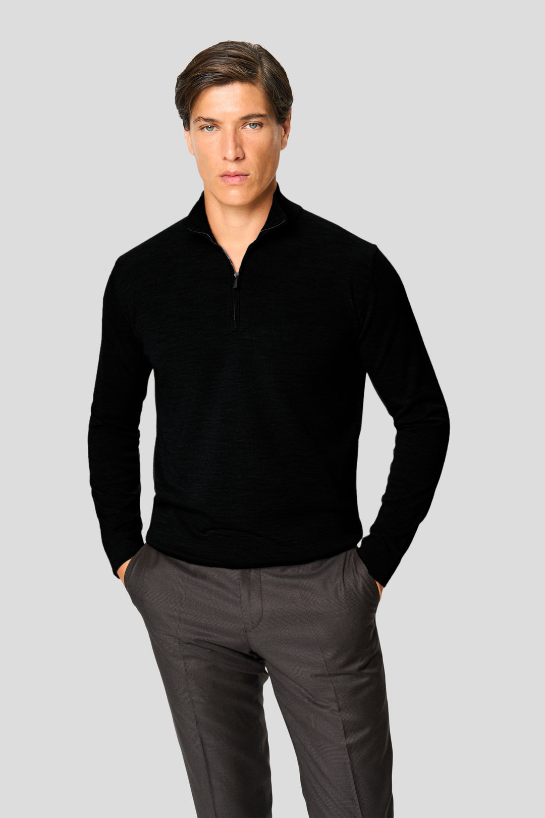 Sort merino quarter-zip striktrøje