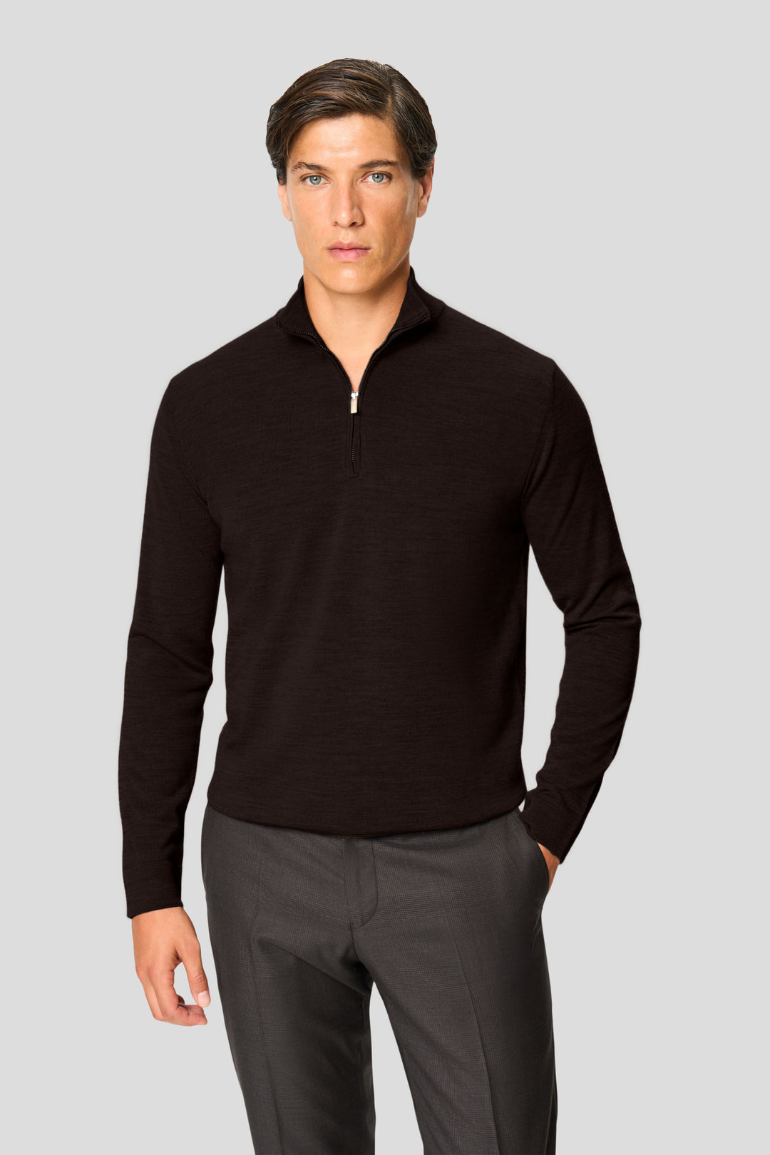 Brun merino quarter-zip striktrøje