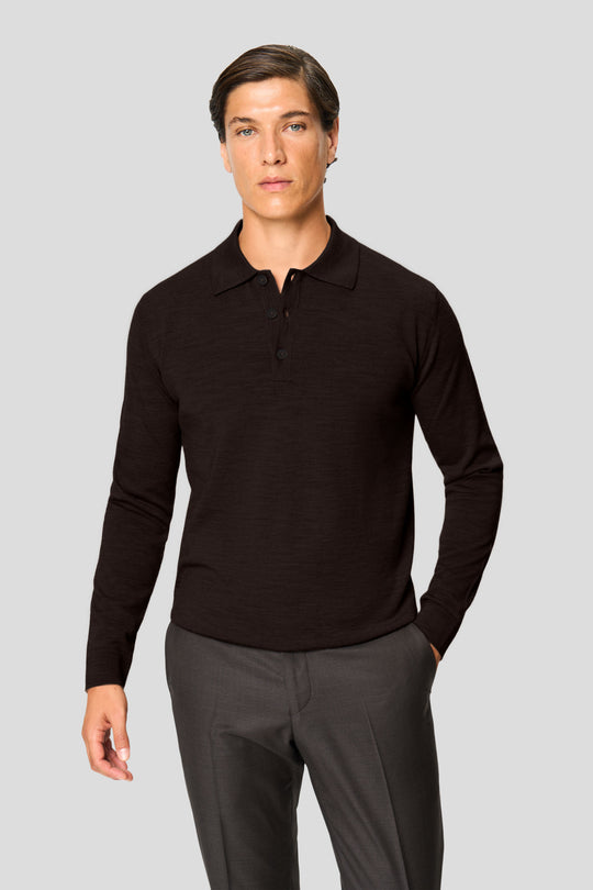 Brun merino langærmet polo med knapper