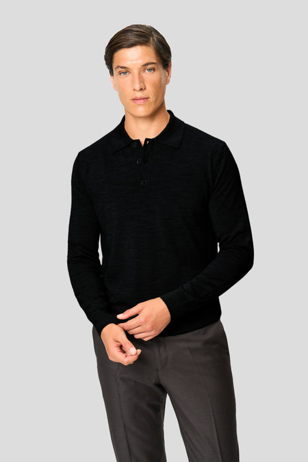 Sort merino langærmet polo med knapper