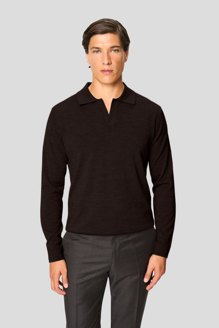 Brun merino langærmet polo