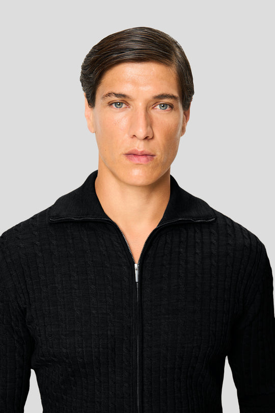 Sort merino kabel cardigan med lynlås