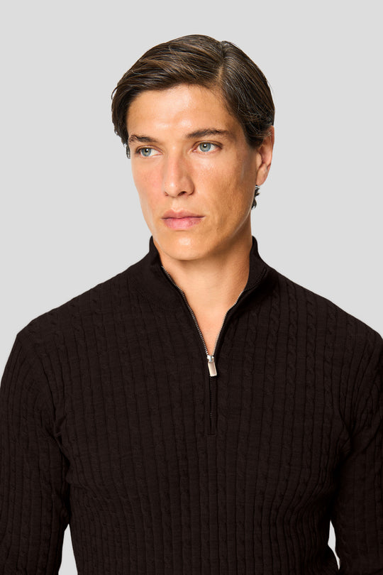 Brun merino quarter-zip kabel striktrøje