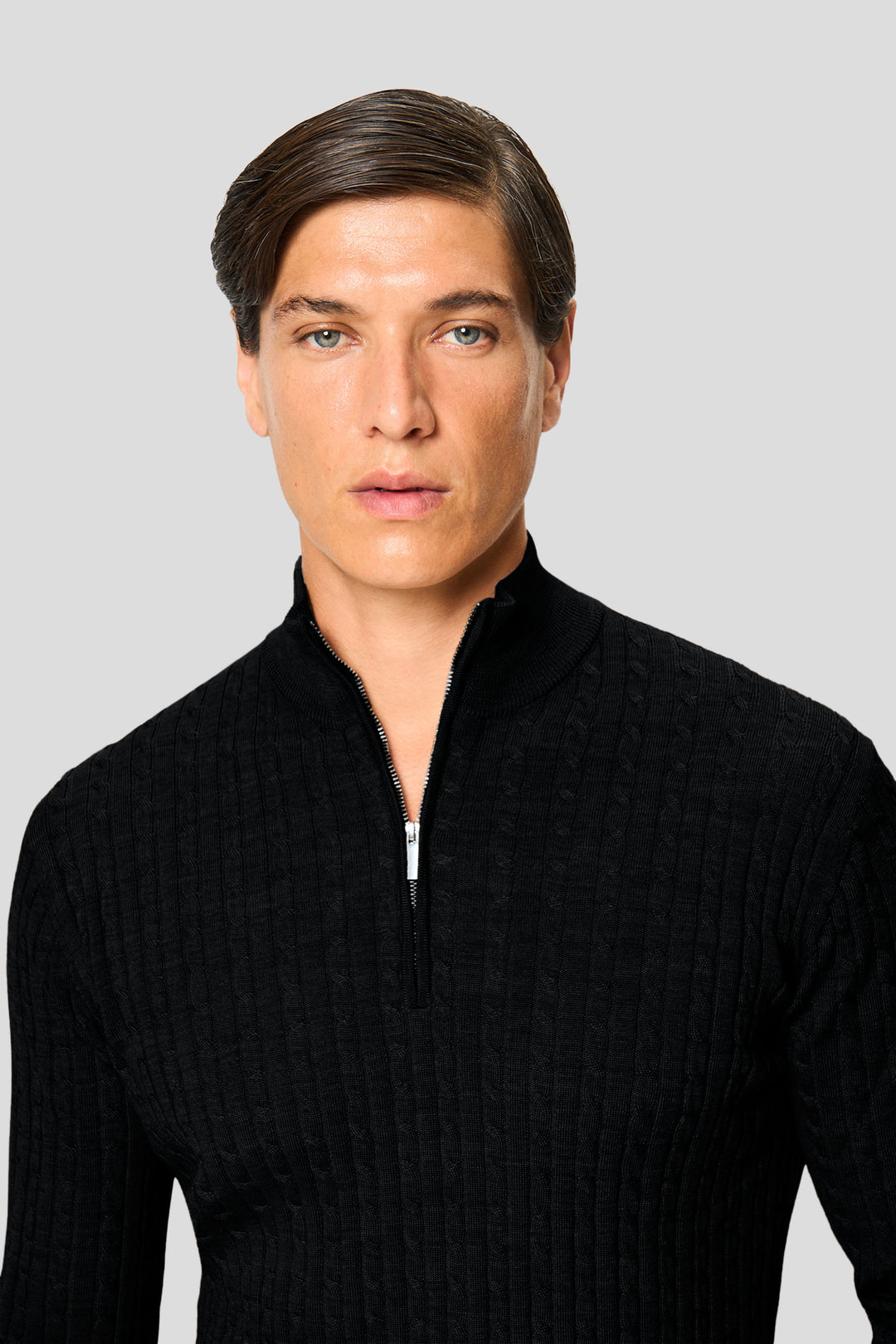 Sort merino quarter-zip kabel striktrøje