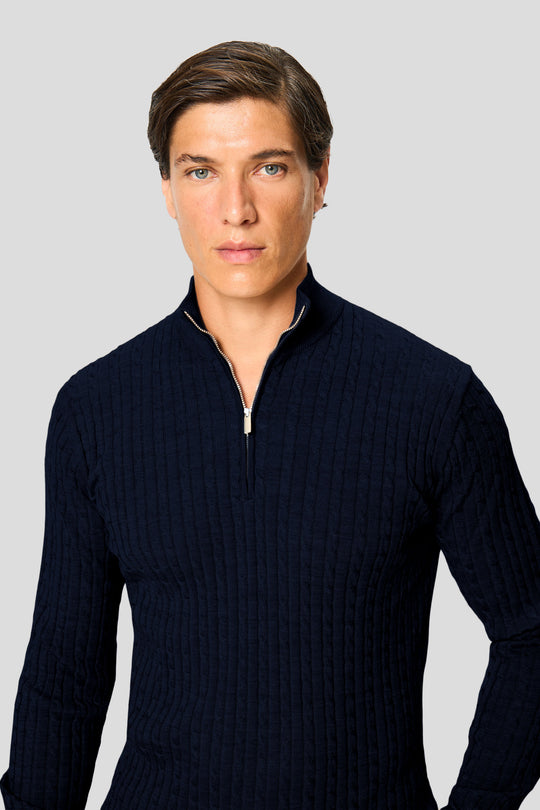 Navy merino quarter-zip kabel striktrøje