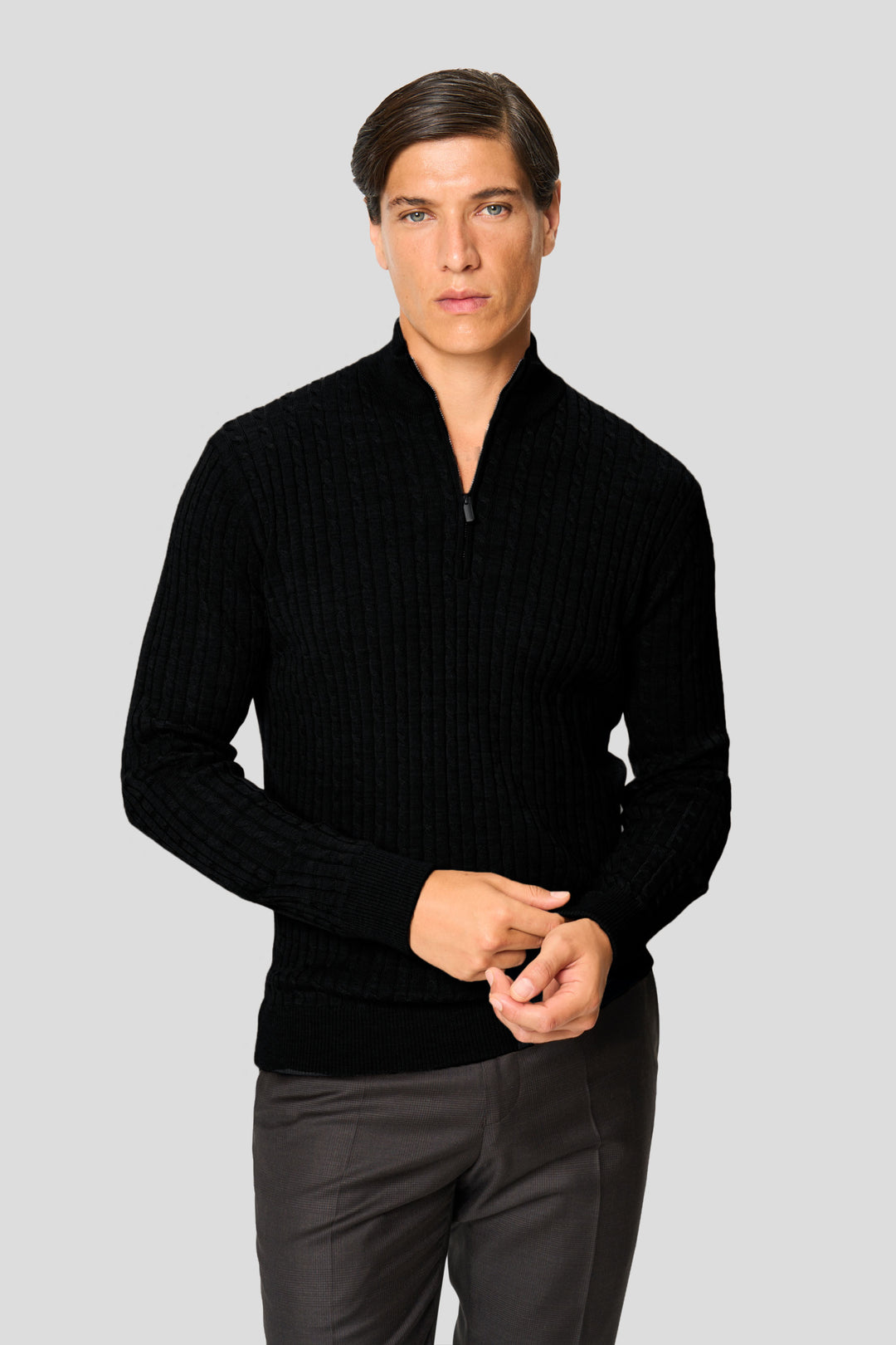 Sort merino quarter-zip kabel striktrøje