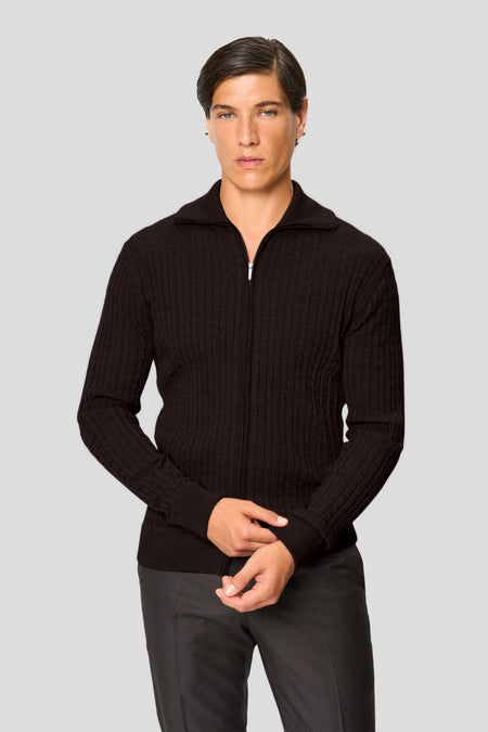 Brun merino kabel cardigan med lynlås