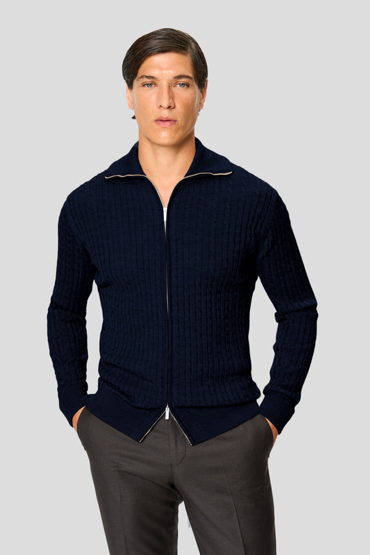 Navy merino kabel cardigan med lynlås