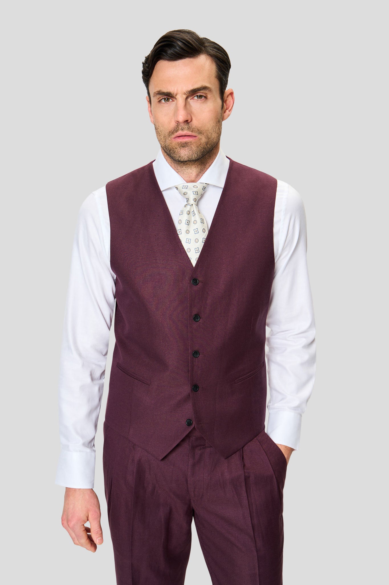 PRESTIGE bordeaux three-piece hørjakkesæt