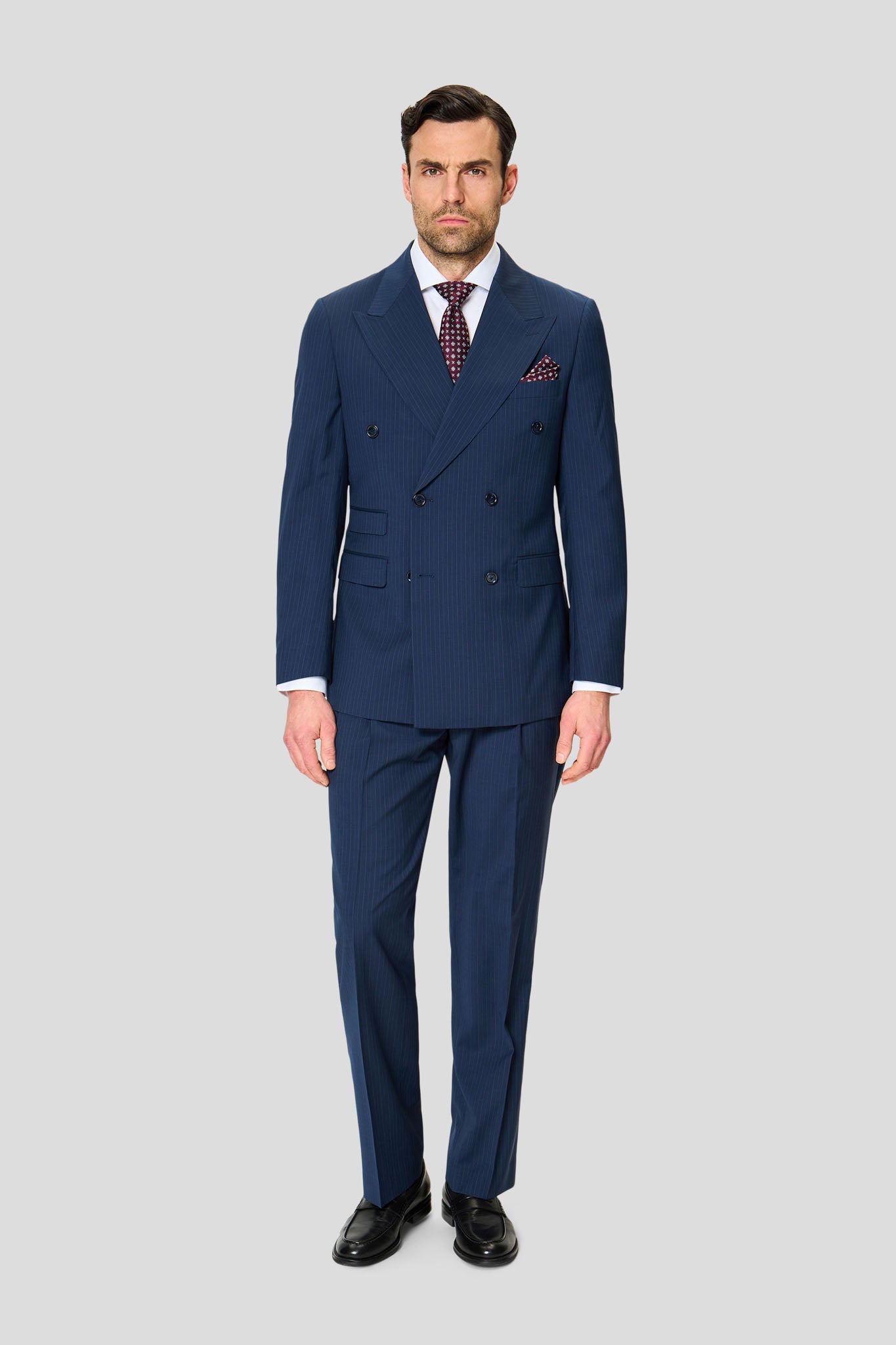 EXCLUSIVE blå dobbeltradet blazer med nålestriber