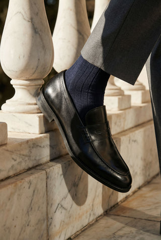 Navy ribbed bomuldsstrømper - Onesize